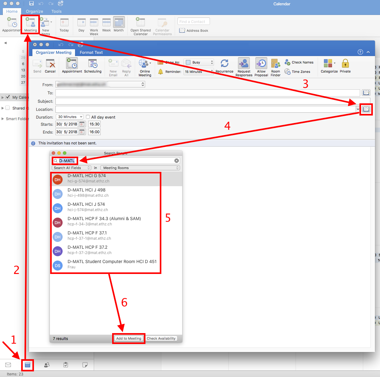 Enlarged view: Booking a Room with Outlook 2016 for macOS