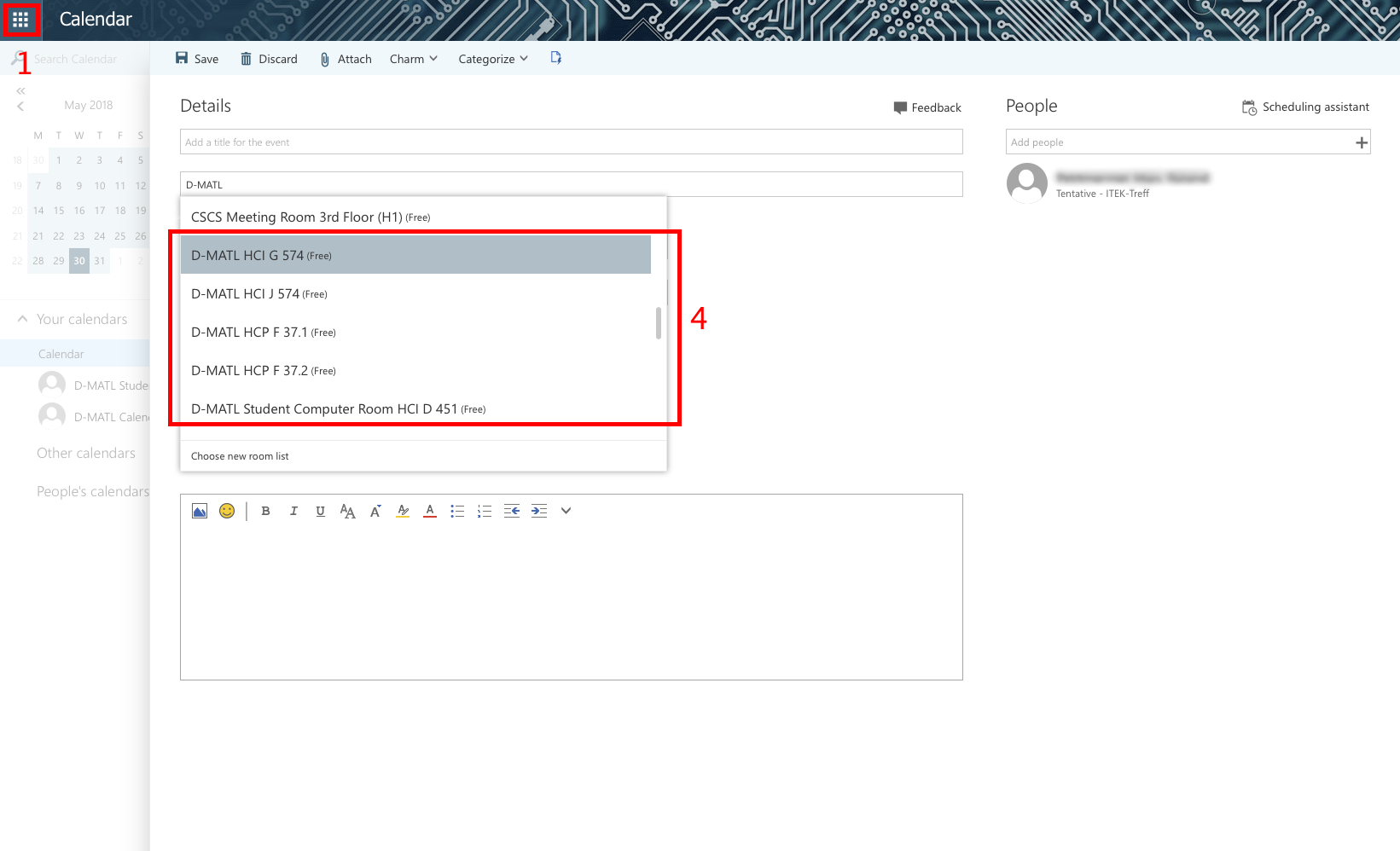 Enlarged view: Booking a room with WebOutlook Exchange 2016