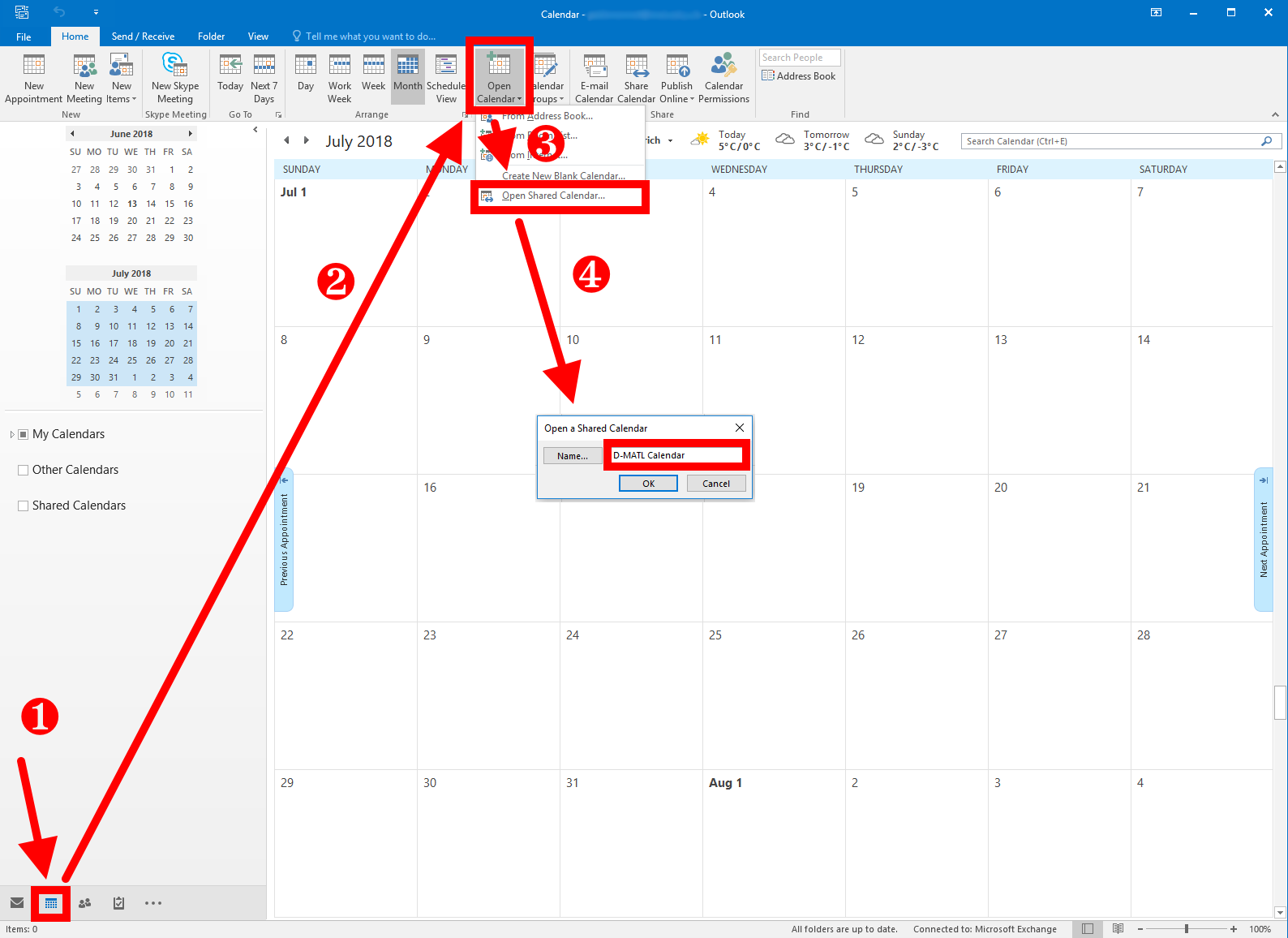 Enlarged view: Add shared calendar to Outlook 2016 Windows