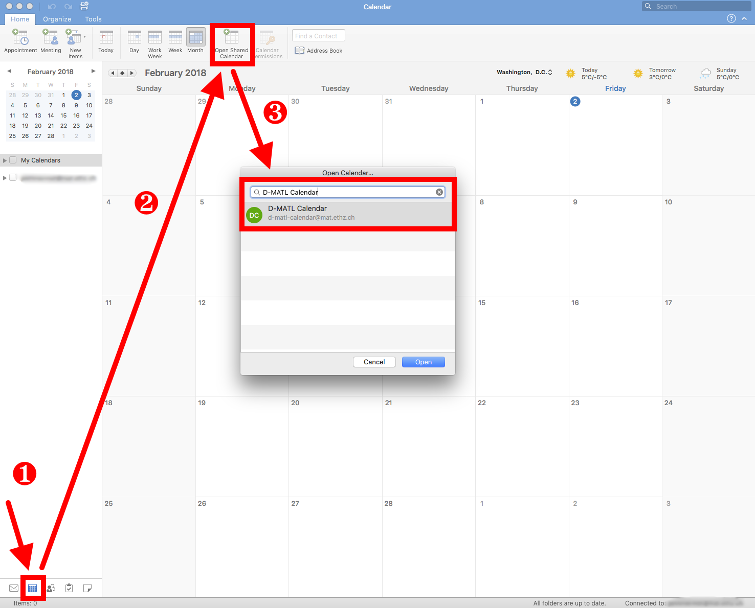 Enlarged view: Adding shared calendar to Outlook 2016 macOS