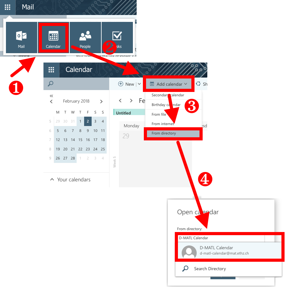 Enlarged view: Adding shared calendar to WebOutlook 2016 (any web browser)