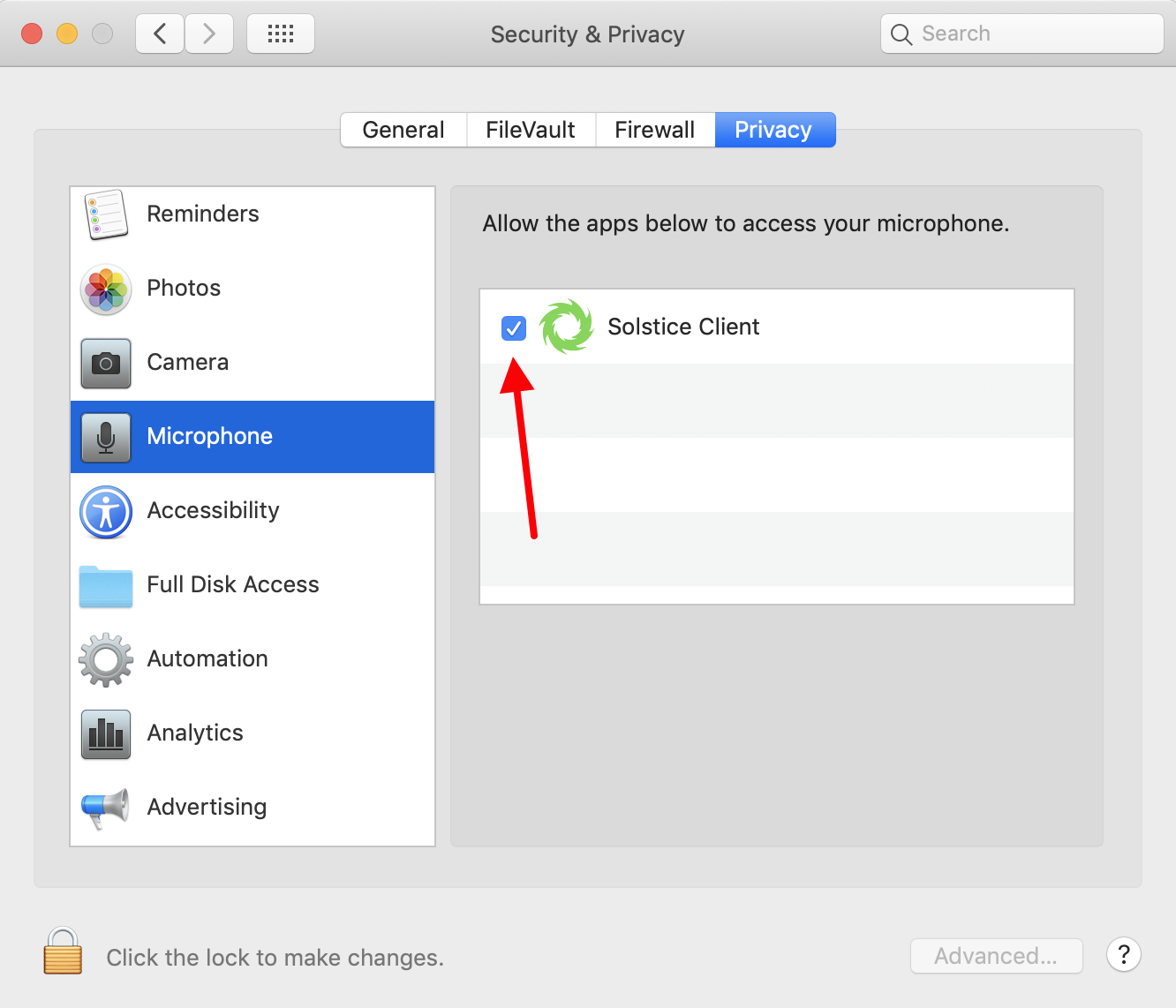 Enlarged view: Figure 8e: Solistice App on macOS, privacy settings