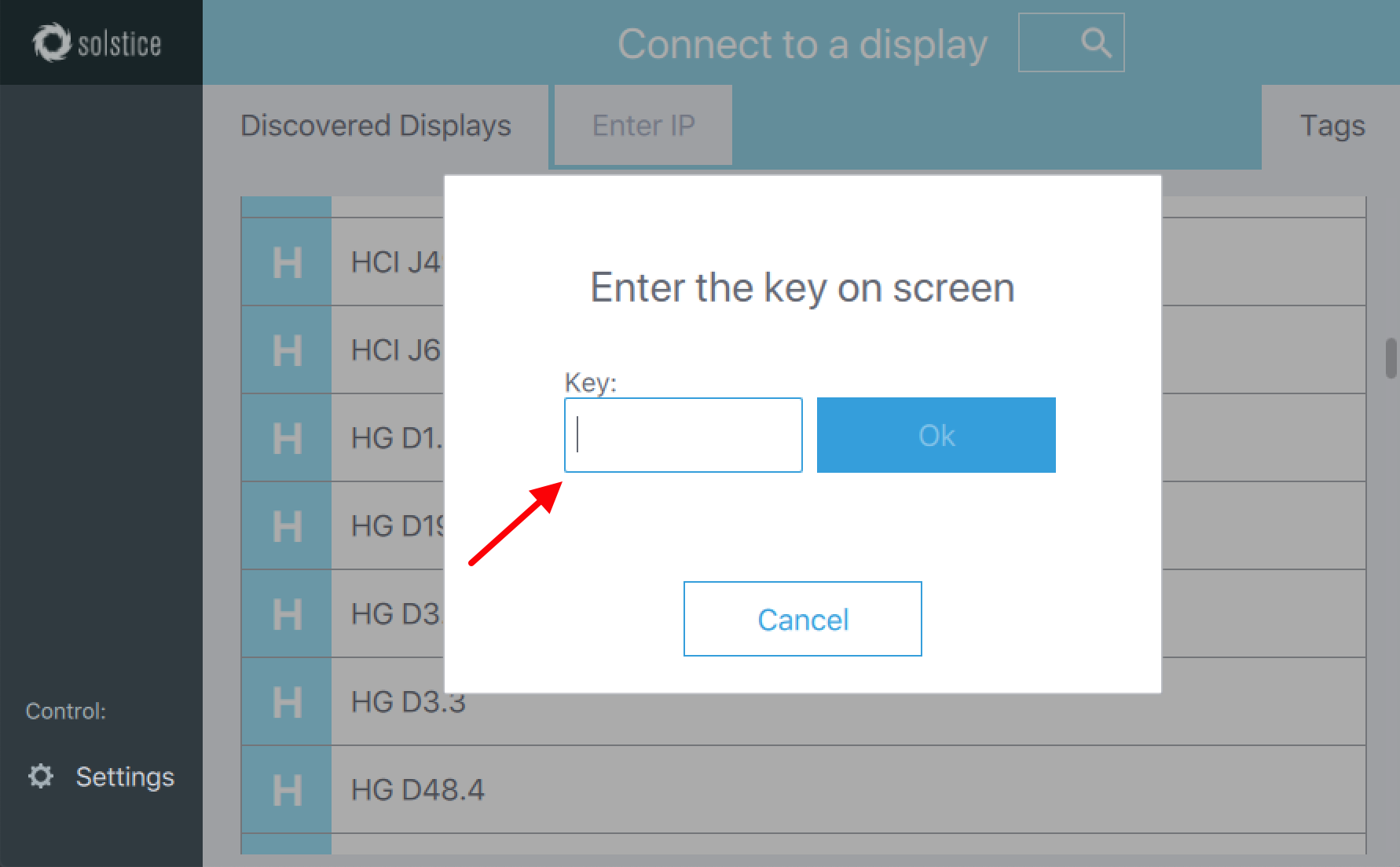 Enlarged view: Solsitce App: Choose HCI J498 and enther the key shown on the Solstice Display